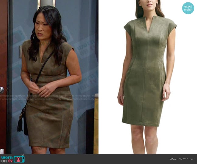 Calvin Klein Faux-suede Knee Sheath Dress worn by Melinda Trask (Tina Huang) on Days of our Lives