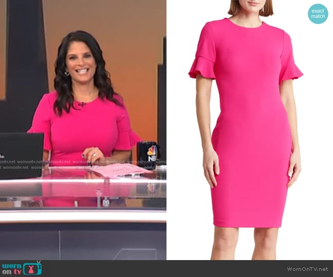 Calvin Klein Ruffle Short Sleeve Sheath Dress in Hibiscus worn by Darlene Rodriguez on Today