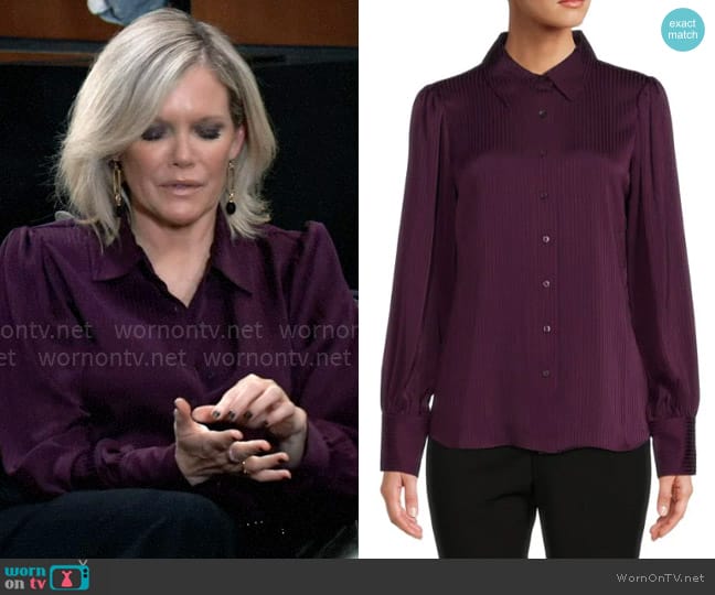 Calvin Klein Striped Shirt in Aubergine worn by Ava Jerome (Maura West) on General Hospital