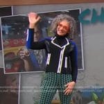 Carla Hall’s black colorblock moto jacket and green geometric pants on Good Morning America