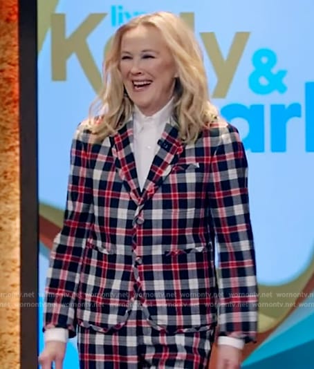 Catherine O’hara’s plaid blazer and pants on Live with Kelly and Mark