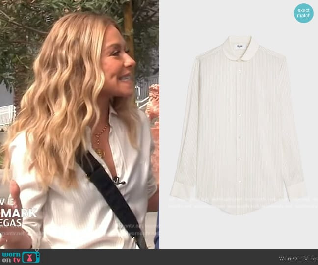 Celine Romy Shirt in Striped Silk worn by Kelly Ripa on Live with Kelly and Mark