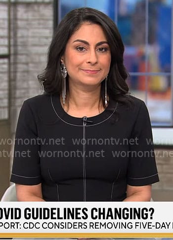 Dr Celine Gounder’s black dress with white stitching on CBS Mornings