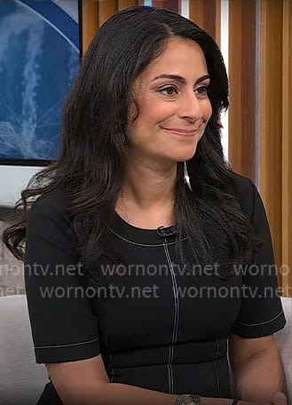 Dr Celine Gounder's black dress with white stitching on CBS Mornings