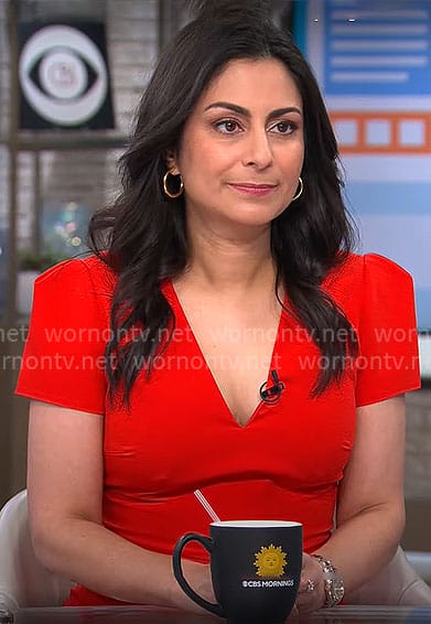 Dr Celine Gounder’s red v-neck dress on CBS Mornings