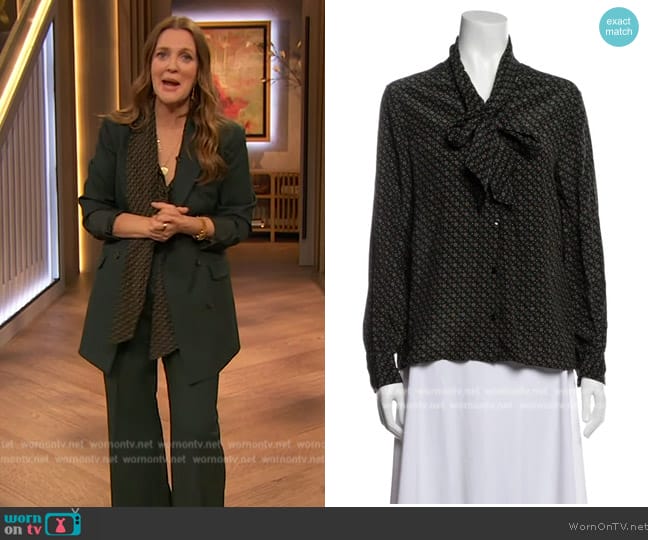 Celine Printed Tie Neck Blouse worn by Drew Barrymore on The Drew Barrymore Show