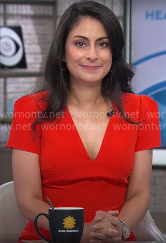 Dr Celine Gounder’s red v-neck dress on CBS Mornings