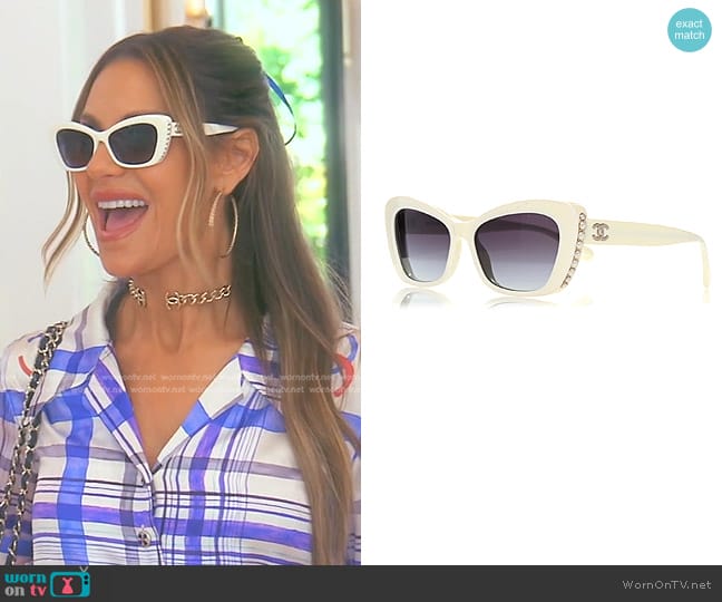 Chanel Acetate Pearl Cat Eye CC Sunglasses 5481-H worn by Dorit Kemsley on The Real Housewives of Beverly Hills