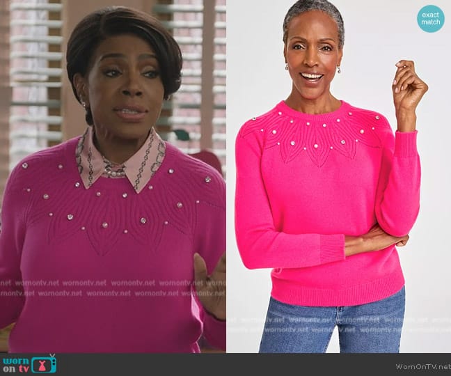 Charter Club Cashmere Embellished Crewneck Sweater worn by Barbara Howard (Sheryl Lee Ralph) on Abbott Elementary