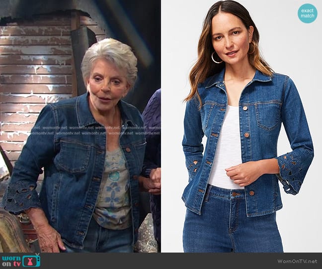 Chico's Cropped Floral Denim Jacket worn by Julie Olson Williams (Susan Seaforth Hayes) on Days of our Lives