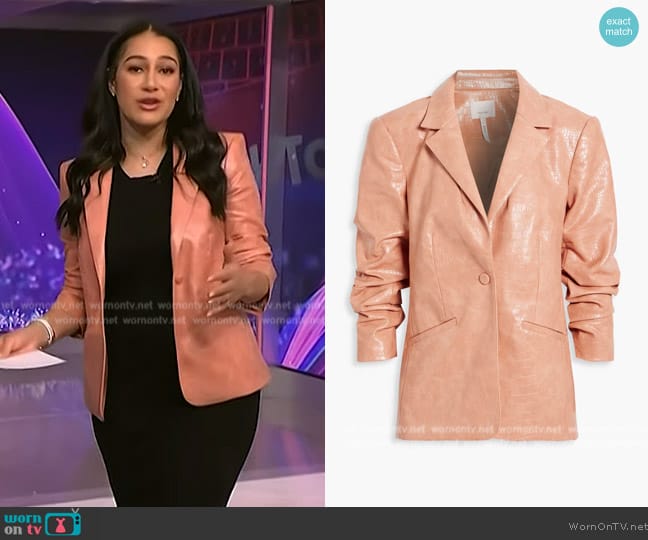 Cinq a Sept Kylie ruched faux croc-effect leather blazer worn by Morgan Radford on NBC News Daily