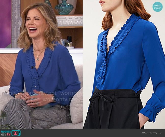 Claudie Pierlot Ruffle-trimmed Crepe Blouse In Bleu Roi worn by Natalie Morales on The Talk