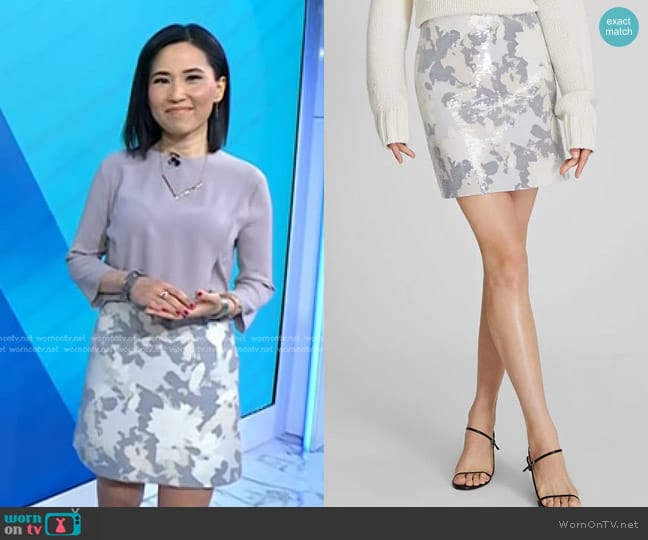 Club Monaco Sequin Mini Skirt in Stamped Floral worn by Vicky Nguyen on Today