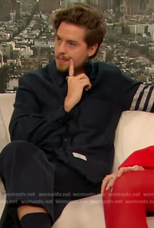 Cole Sprouse's navy sleeve stripe jacket on The Drew Barrymore Show