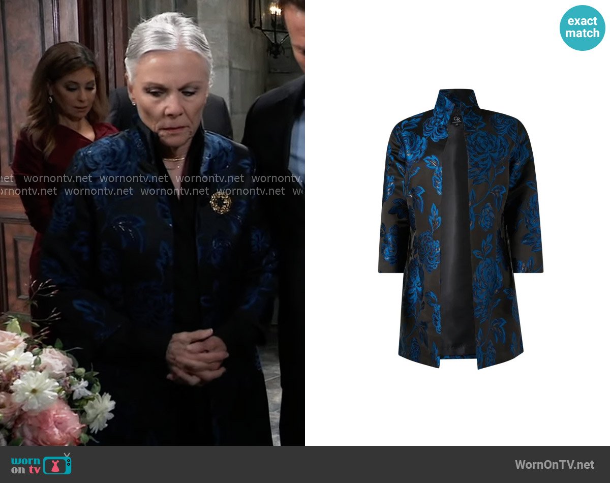 Connie Roberson Rita Black and Blue Floral Jacket worn by Tracy Quartermaine (Jane Elliot) on General Hospital