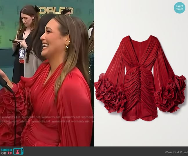 Costarellos Ruched ruffled metallic georgette mini dress worn by Emily Orozco on Access Hollywood