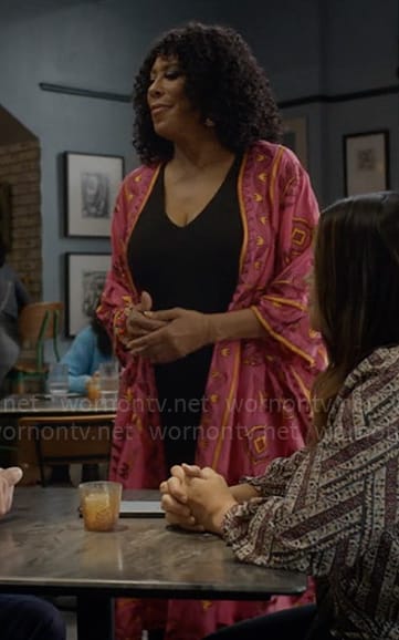 Cricket's pink embroidered kimono on Not Dead Yet