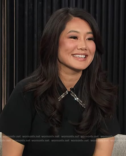 Crystal Kung Minkoff’s black embellished collar polo on E! News