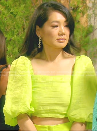 Crystal's yellow cropped puff sleeve top and pants on The Real Housewives of Beverly Hills