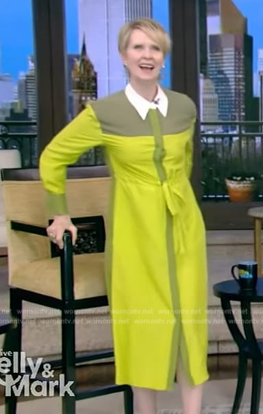 Cynthia Nixon’s yellow two tone shirtdress on Live with Kelly and Mark