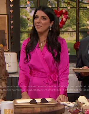 Danielle Sepsy’s pink satin wrap dress on The Drew Barrymore Show