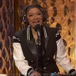 Deja Vu’s leather trim bomber blazer on Live with Kelly and Mark