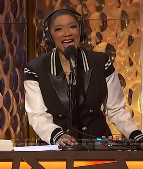 Deja Vu’s leather trim bomber blazer on Live with Kelly and Mark