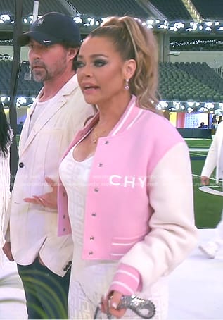 Denise’s pink cropped varsity jacket on The Real Housewives of Beverly Hills