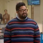 Dennis’s blue and red striped sweater on Not Dead Yet