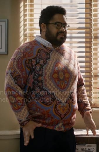 Dennis's paisley print sweater on Not Dead Yet