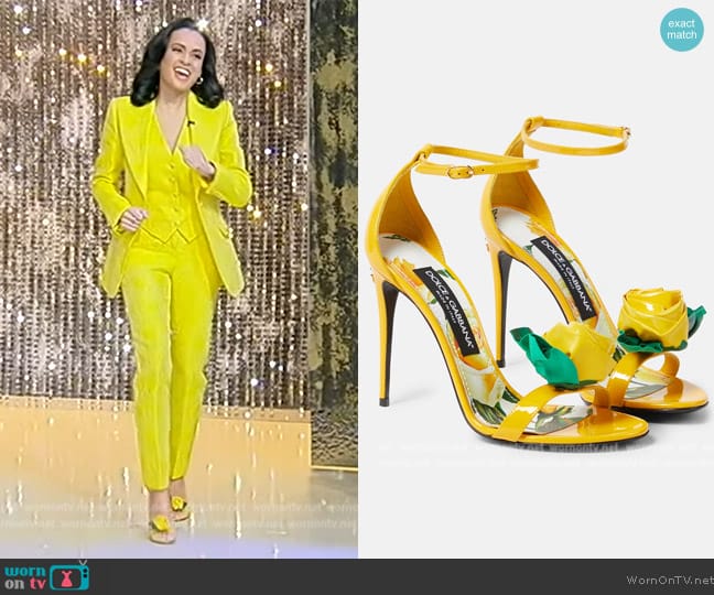 Dolce & Gabbana Floral-appliqué patent leather sandals worn by Linsey Davis on Tamron Hall Show