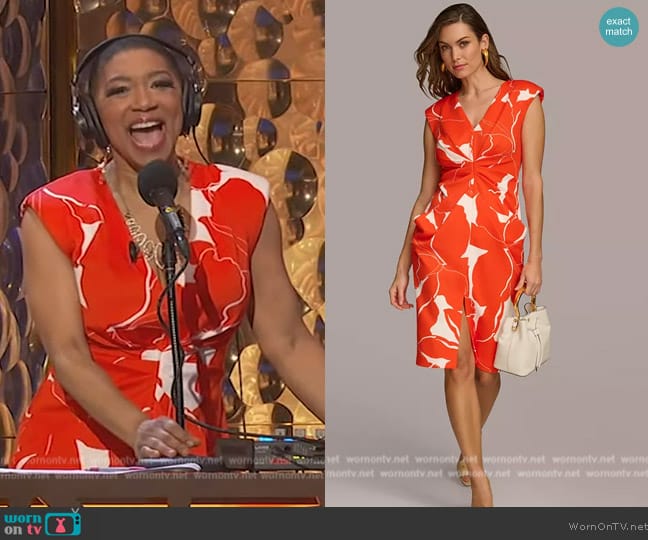 Donna Karan Printed V-Neck Draped-Front Dress worn by Deja Vu on Live with Kelly and Mark