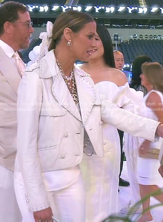 Dorit's white pearl embellished leather jacket on The Real Housewives of Beverly Hills