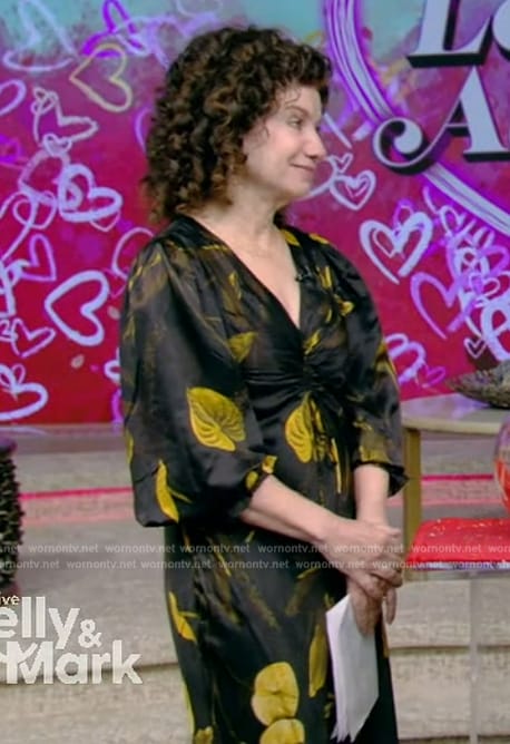 Dr Gail Saltz’s black floral print asymmetric dress on Live with Kelly and Mark