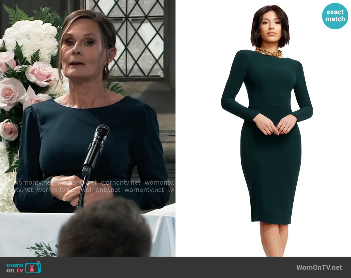 Dress the Population Nadia Long Sleeve Scoop Back Midi Dress in Pine worn by Lucy Coe (Lynn Herring) on General Hospital