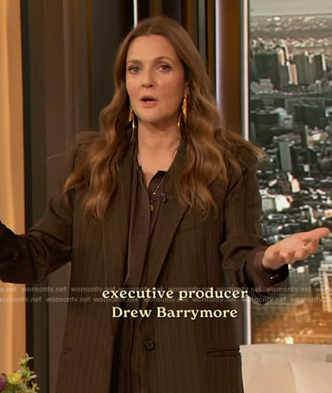 Drew's brown stripe blazer and pants on The Drew Barrymore Show