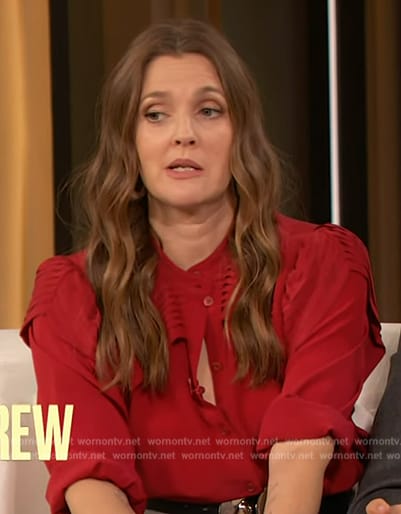 Drew's red ruffle blouse on The Drew Barrymore Show