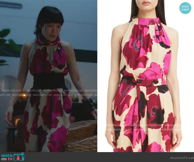 Dries Van Noten Cuzo Floral Print Halter Top worn by Eleanor Chun (Karoline) on Death and Other Details