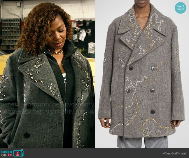 Dries van Noten Raven Embellished Peacoat worn by Robyn McCall (Queen Latifah) on The Equalizer