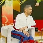 Kingsley Ben-Adir’s white stripe jacket and pants on Tamron Hall Show