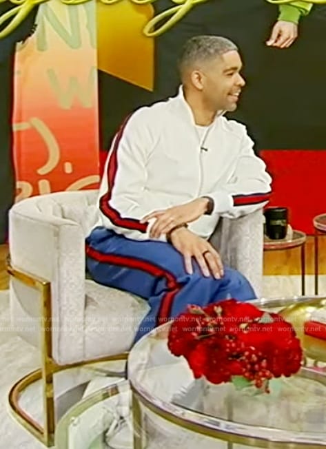 Kingsley Ben-Adir’s white stripe jacket and pants on Tamron Hall Show