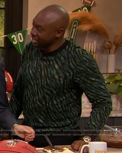 Eddie Jackson's green animal stripe sweater on The Drew Barrymore Show