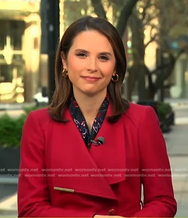 Elizabeth Schulze’s red wrap coat on Good Morning America