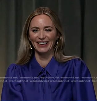 Emily Blunt's blue tie neck blouse on Good Morning America