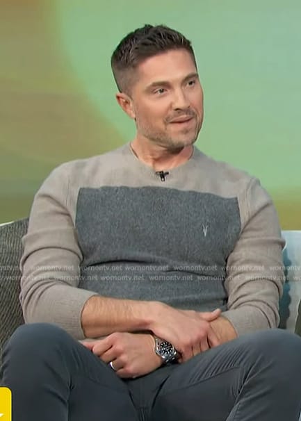 Eric Winter's colorblock knit sweater on Access Hollywood