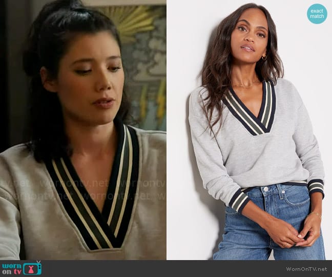 Evereve Nova Varsity V Neck Sweatshirt worn by Sylvie Brett (Kara Killmer) on Chicago Fire