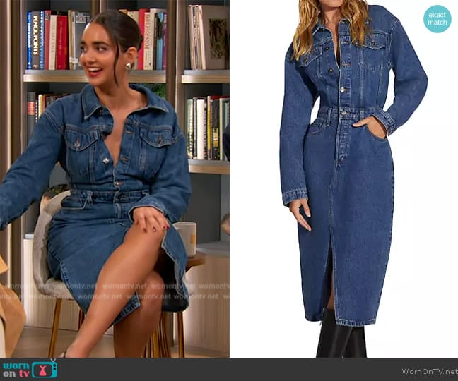 Favorite Daughter The City Denim Shirtdress worn by Geraldine Viswanathan on The Drew Barrymore Show