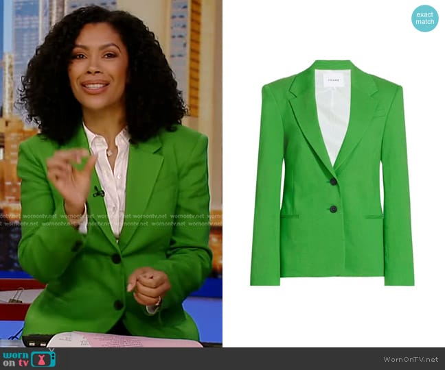 Frame Femme Linen Blend Blazer in Bright Peridot worn by Shirleen Allicot on Good Morning America