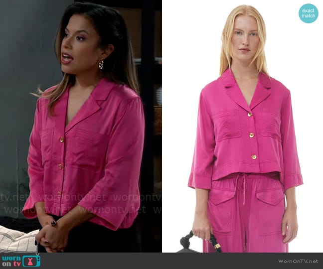 Ganni Washed Satin Crop Shirt worn by Alison 'Blaze' Rogers (Jacqueline Grace Lopez) on General Hospital