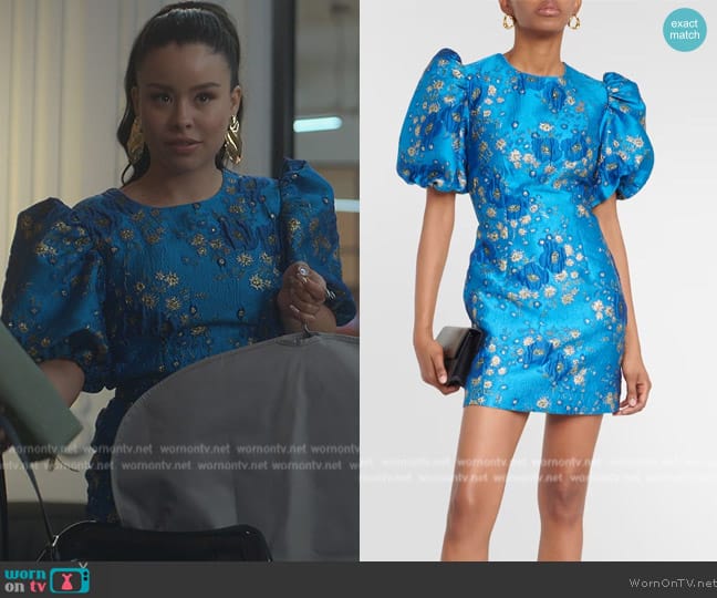 Mariana’s blue floral metallic dress on Good Trouble